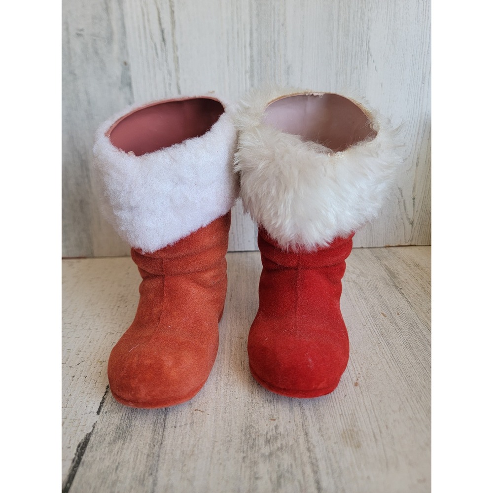 Vintage flocked red Santa Claus boot set Xmas unique home decor set shoe